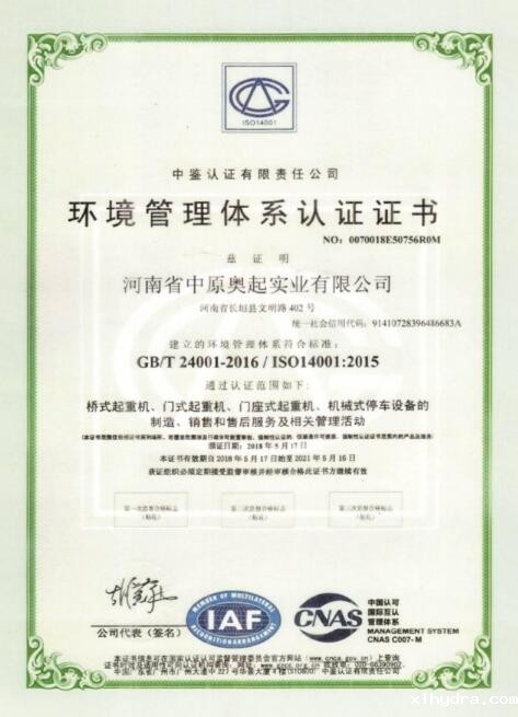桥式起重机-星空体育官方账号厂家-环境管理体系认证证书